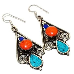 925 Silver Coral Lapis & Turquoise Earrings